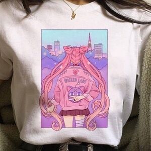 Pink Wicked Lady Anime Character Graphic on White Tee